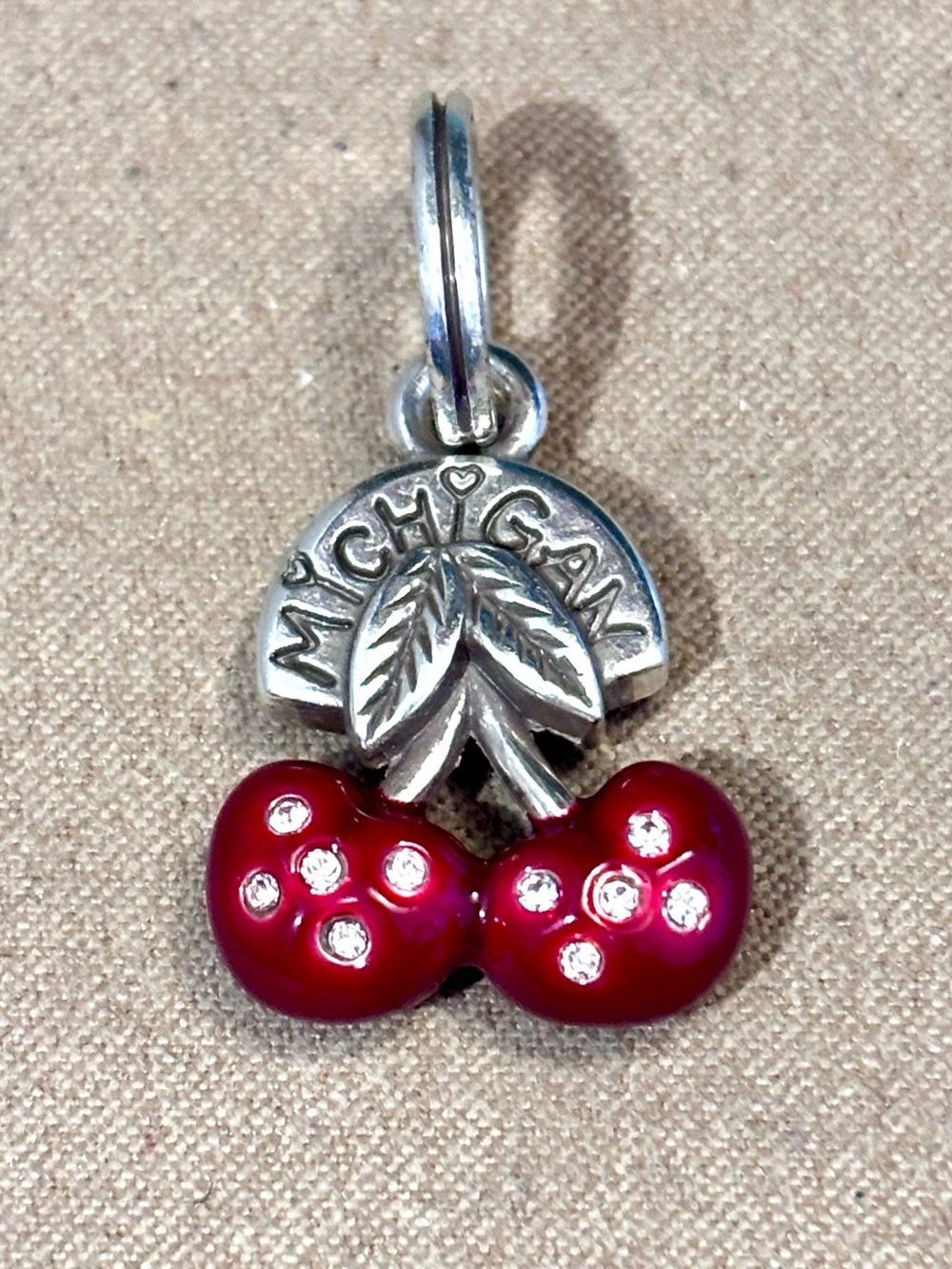 🆕 Brighton Michigan red cherry state charm Silver, red enamel, clear crystals